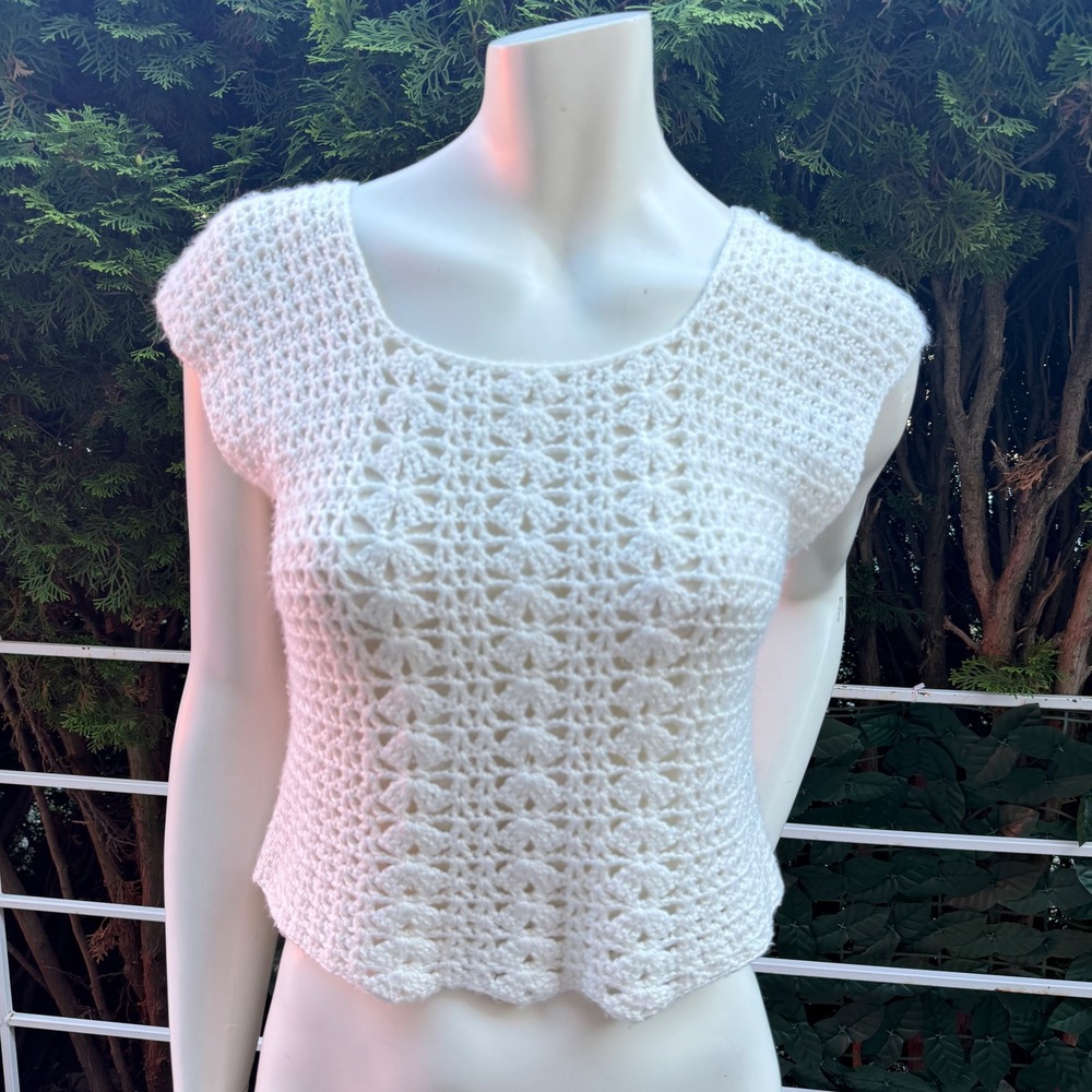 Vintage handmade Crochet‎ Open Knit Top Cream Boho Cottagecore Coquette Sz Small